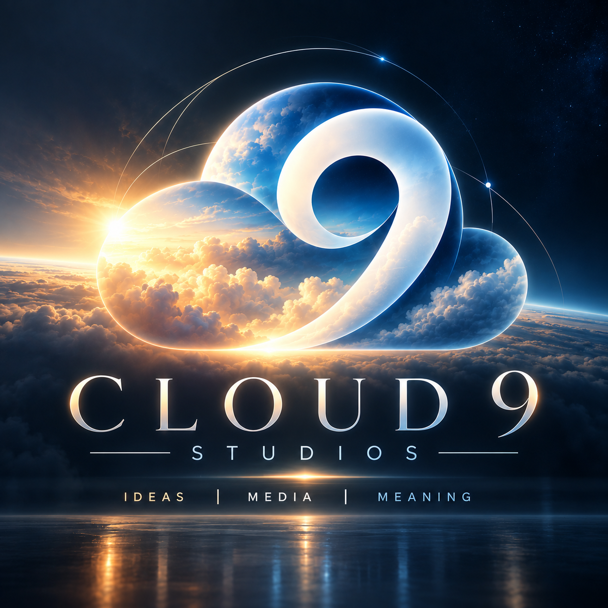 Cloud 9 Studios cinematic logo with a luminous nine above the clouds and the words Ideas, Media, Meaning